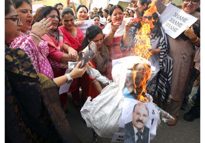 BJP Mahila Morcha activists protesting in front of party office at Trikuta Nagar on Friday. -Excelsior/Rakesh