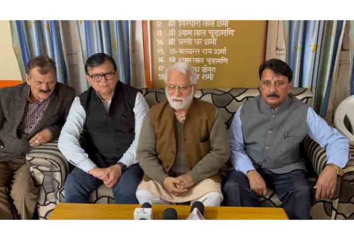 Purushottam Dadhichi, President of SDS addressing a press conference in Jammu on Monday.