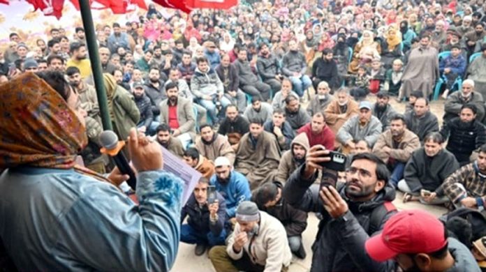 Minister for Health, Education & Social Welfare Sakina Masood addressing a public gathering in Kulgam.