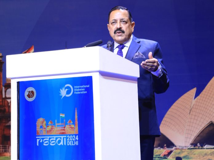 Union Minister Dr Jitendra Singh speaking after inaugurating the International 52nd Annual Conference of the Research Society for the Study of Diabetes in India (RSSDI) at Yashobhoomi, Dwarka, New Delhi on Friday.