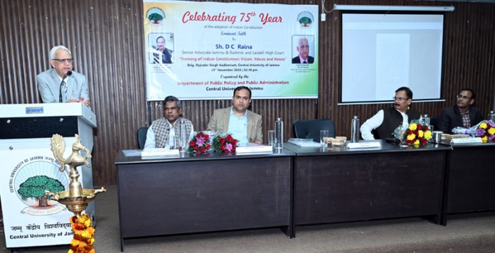 Advocate General D C Raina shares his insights during Constitution Day celebration function at CUJ.