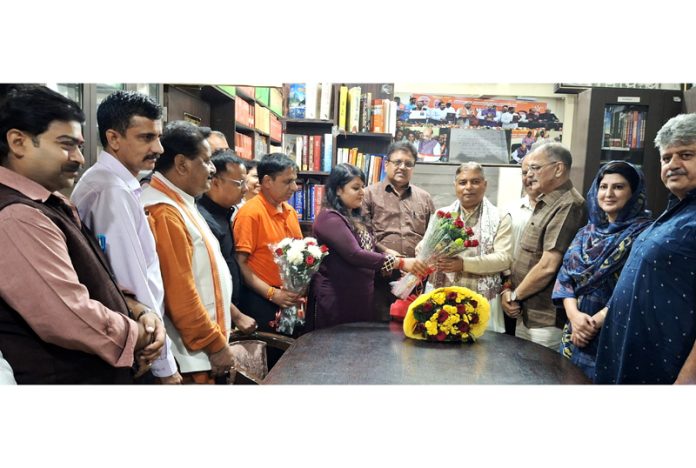 BJP leaders during visit to Nanaji Deshmukh Library at Jammu on Tuesday.