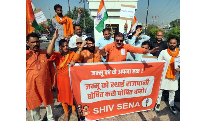 Shiv Sena leaders raising slogans during a protest at Jammu on Monday. —Excelsior/Rakesh