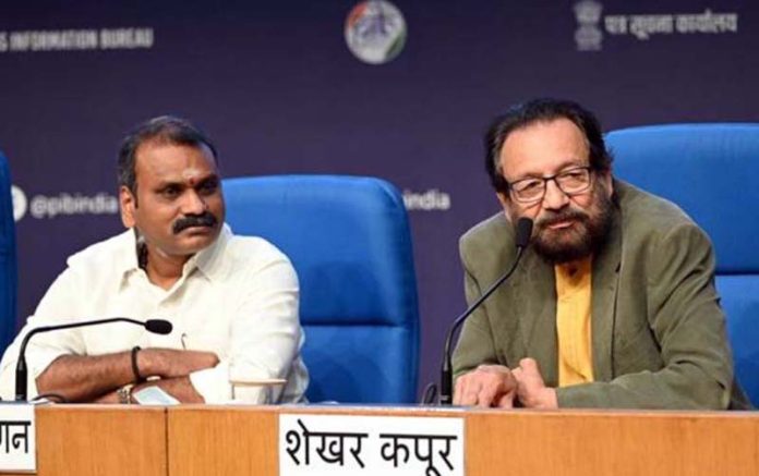 Union Minister Dr L Murugan and Festival Director Shekhar Kapur during press conference at Delhi.