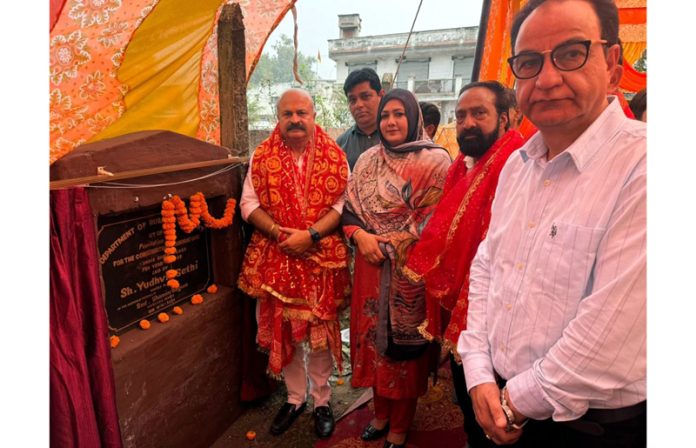 MLA Jammu East, Yudhvir Sethi laying foundation stone of Panchayat Ghar at Pargalta on Tuesday.