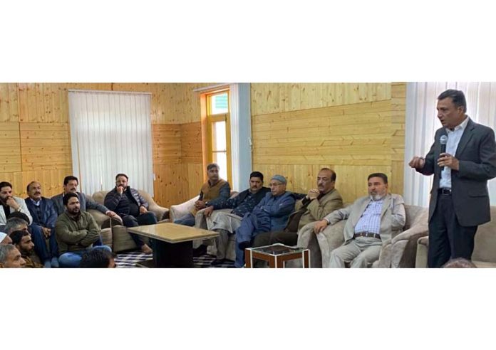 A leader of Apni Party sharing his views during a meeting in Srinagar on Monday.