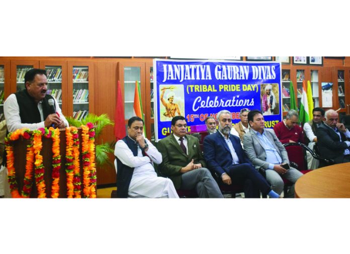 A speaker addressing the gathering at Gurjar Desh Charitable Trust during a function on Friday.