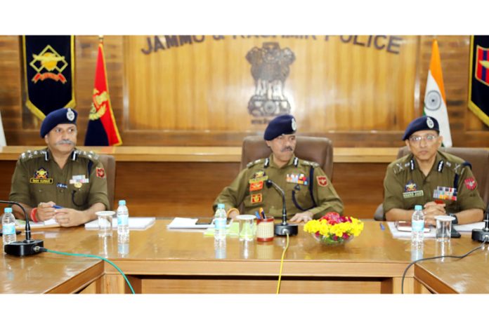 DGP Nalin Prabhat chairing a meeting of the police officers at DPL Jammu on Monday.