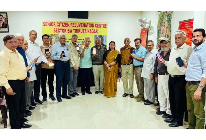 BJP Jammu South president, Rekha Mahajan during the launch of party's membership drive with senior citizens at Trikuta Nagar on Friday.