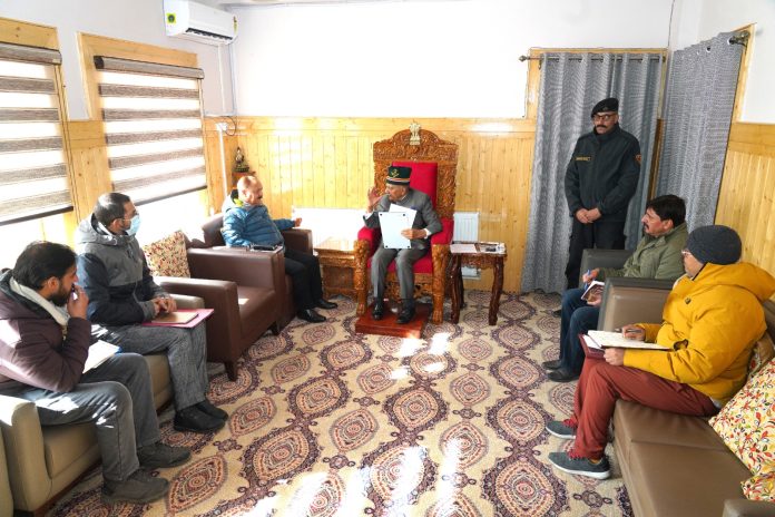 LG Ladakh Brig (Dr) BD Mishra chairing a meeting of officials at LG’s Secretariat in Leh.