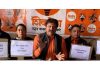 Shiv Sena leaders holding placards during a function in Jammu on Sunday.