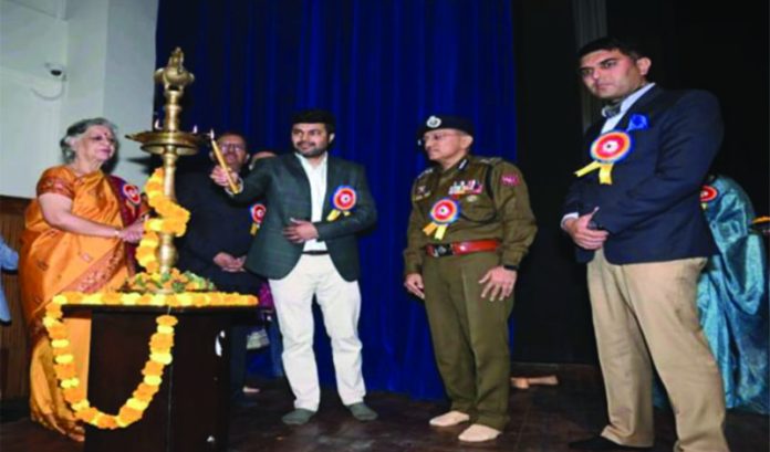 Dignitaries lighting lamp during Annual Day function of KC Gurukul Public School, Paloura.