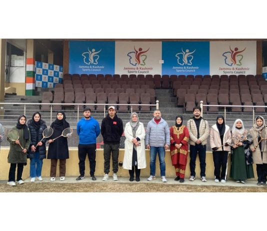 J&K Senior Women's Ball Badminton team posing along with officials.