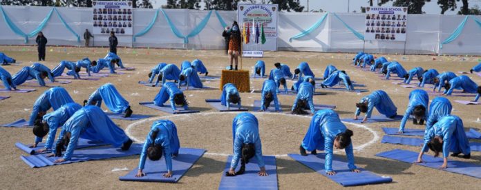 Students of Heritage School Primary Wing perform during 20th Annual Sports Day of the School in Jammu on Saturday.