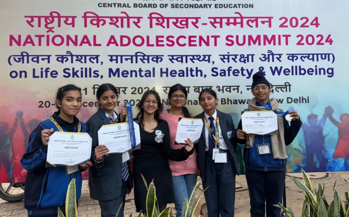 Students of Jammu Sanskriti School, Kathua posing along with certificates during CBSE National Adolescent Summit 2024 at National Bal Bhavan, New Delhi.