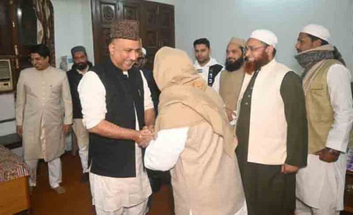 MP (RS) Ghulam Ali Khatana interacting with authorities during his visit to Darul Uloom Deoband on Sunday.