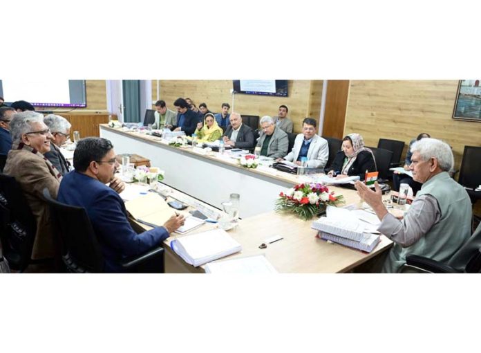 LG Manoj Sinha chairing a meeting on Monday.