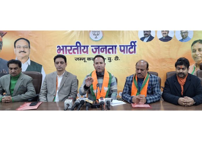 Leader of Opposition in Assembly, Sunil Sharma and other party leaders at a press conference in Jammu on Tuesday.