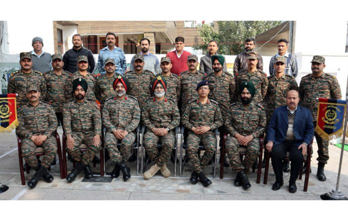 Major General Anupinder Bevli posing along with other officers in Jammu on Tuesday.