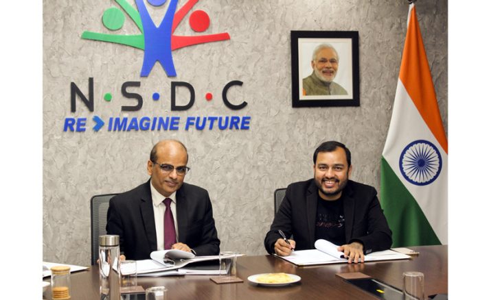 Ved Mani Tiwari, CEO NSDC and Alakh Pandey, CEO of PW signing an agreement on Wednesday.