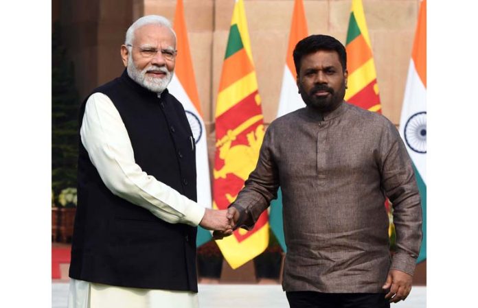 Sri Lankan President Anura Kumara Disanayaka being received by Prime Minister Narendra Modi for a meeting at Hyderabad House, in New Delhi on Monday. (UNI)