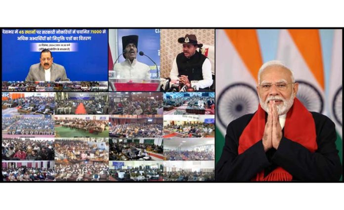 Prime Minister Narendra Modi addresssing the ‘Rozgar Mela’ via video conferencing in New Delhi on Monday. Union Minister Dr Jitendra Singh moderating the programme while Dr Verindra Kumar and B L Verma attending the functions at Srinagar and Jammu respectively.