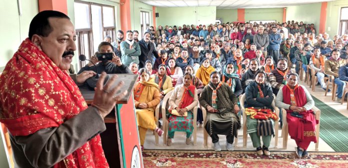 Union Minister Dr. Jitendra Singh addressing the BJP workers' meeting at Kishtwar on Saturday. —Excelsior/Tilak Raj