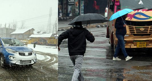 Snow-covered Jammu-Srinagar NH at Qazigund (left), people use umbrella during rain in Jammu (right). —Excelsior pics by Sajjad Dar & Rakesh