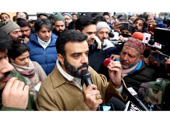 MP Agha Ruhullah leads sit-in outside CM residence in Srinagar on Monday.