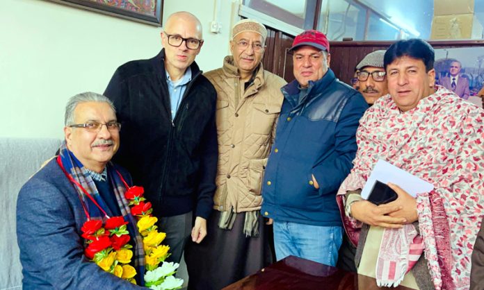 CM Omar Abdullah at the NC provincial committee meeting in Srinagar on Friday.