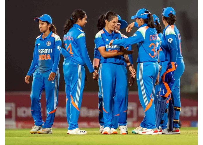 Indian Women circket team celebrating after defeating West Indies in 1st ODI at Vadodra on Sunday.