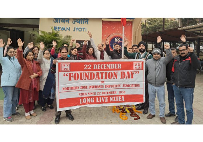 Members of NZIEA raising slogans while celebrating 69th Foundation Day of the Association at Jammu on Monday.