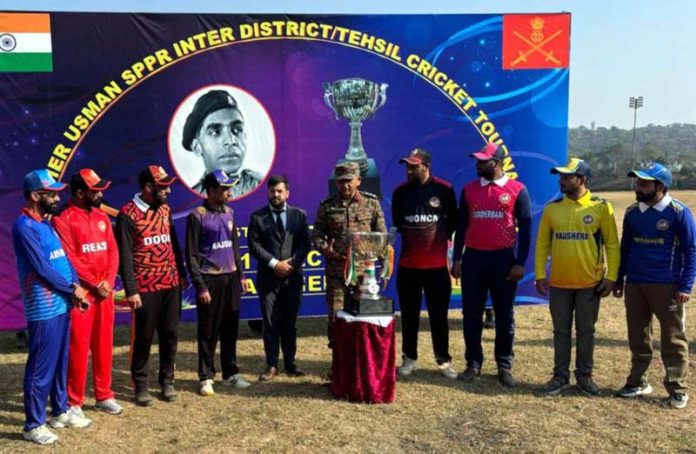 Captains of different teams posing along with dignitaries during inaugural event of the cricket tournament at Nowshera. — Excelsior/Imran