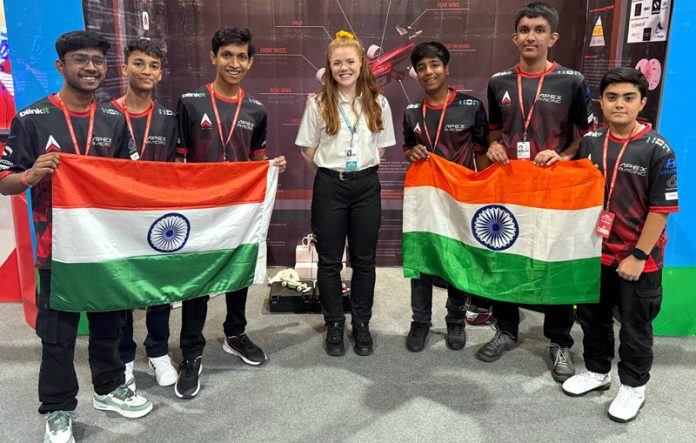 Students of Jodhamal School display National Flag after excelling at Schools World Finals 2024 in Saudi Arabia.