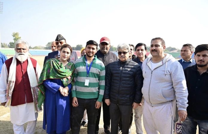 Chief Secretary Atal Dulloo and Nuzhat Gull, Secretary J&K Sports Council, posing with dignitaries and participants during the inauguration of Bharat Premier League in Jammu.