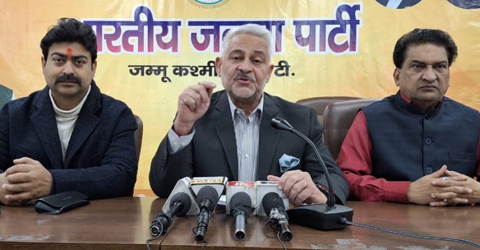 BJP leaders at a press conference in Jammu on Friday. —Excelsior/Rakesh