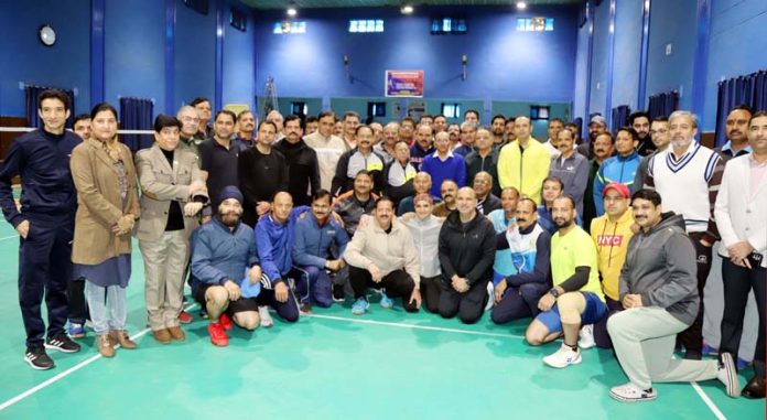 Dignitaries posing along with chief guest ADGP Anand Jain during inaugural ceremony of Masters' Badminton Tournament-2024 at Police Line, Gulshan Ground, Jammu.