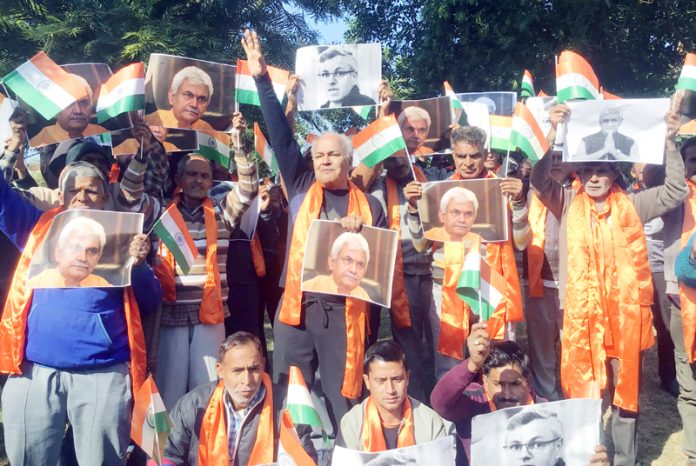 Dogra Front workers raising slogans during a protest demonstration at Jammu on Tuesday.