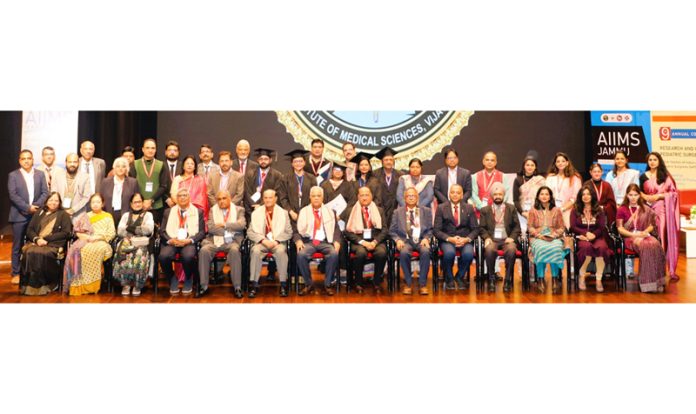 Paediatric surgeons and other dignitaries posing together during RIPSSCON 2024 at AIIMS Jammu.