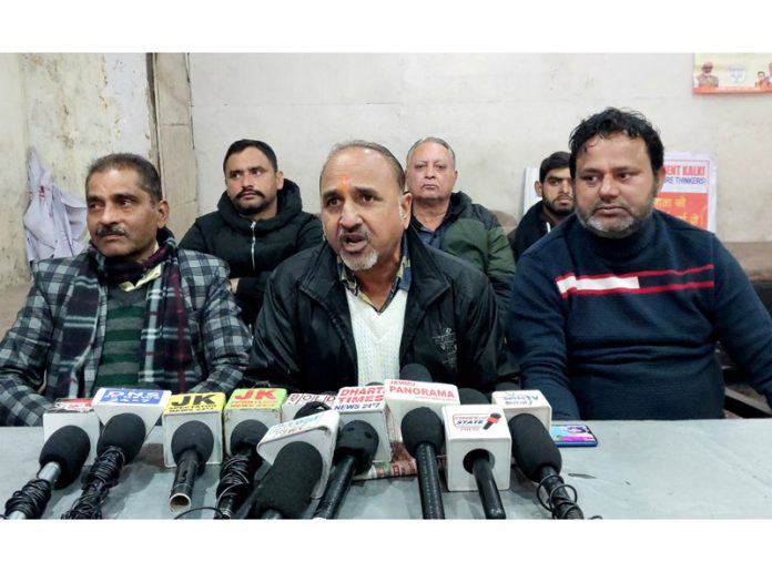 Movement Kalki members addressing a press conference at Jammu on Thursday.