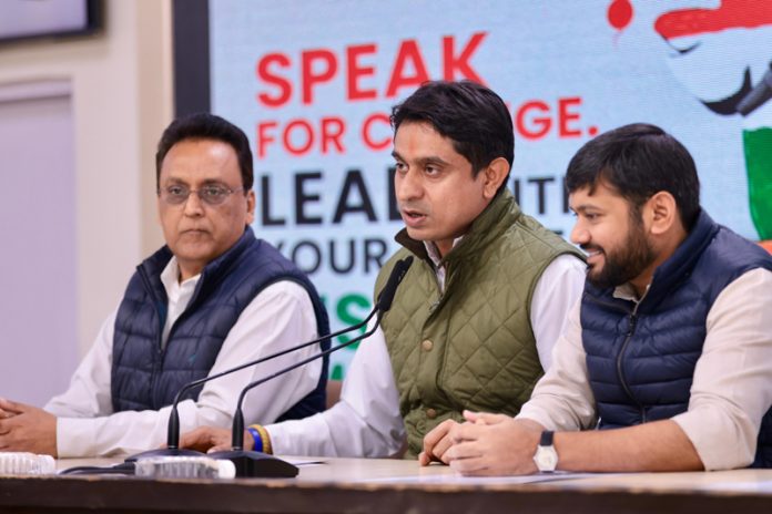 IYC National president Uday Bhanu Chib addressing media persons at New Delhi on Monday.