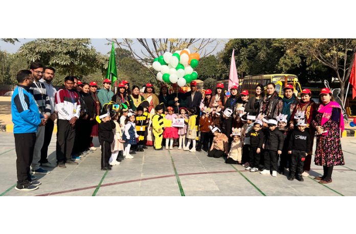 Students and staff of pre-primary wing of Jodhamal Public School pose for a photograph during Annual Sports Day function.