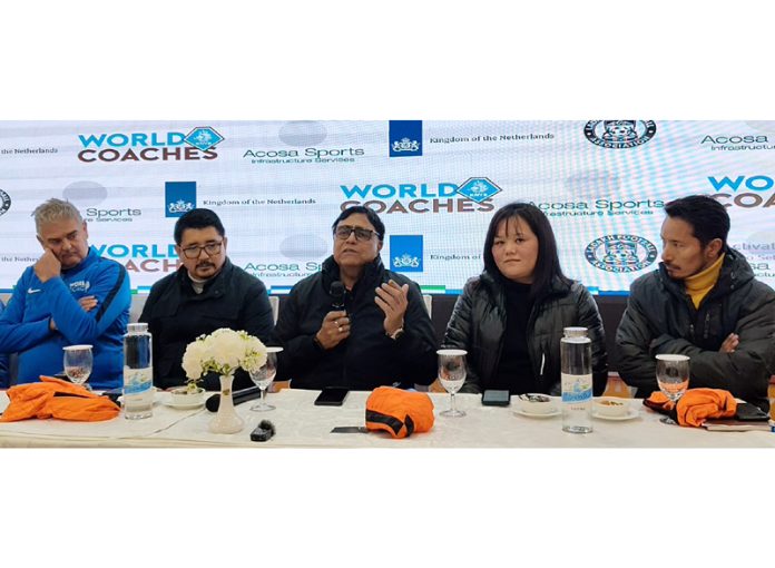 CEC LAHDC Leh, Tashi Gyalson alongside other dignitaries addressing during launch of the KNVB World Coaches Programme in Leh.