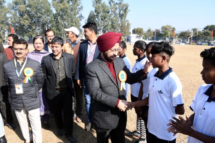 DG YS&S, Rajinder Singh Tara interacting with football players at Sainik School Nagrota.