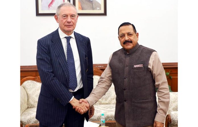 Senior Italian Minister with multiple portfolios, Adolfo Urso, currently on India visit, calling on Union Minister Dr Jitendra Singh at North Block, New Delhi on Monday.