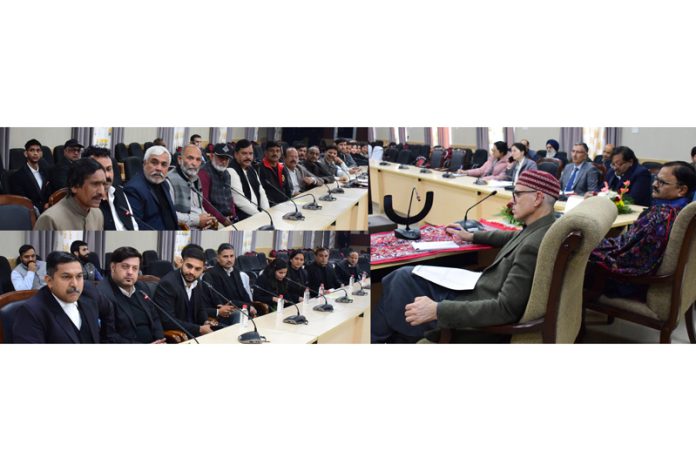 Chief Minister Omar Abdullah chairing a meeting at Samba on Monday.