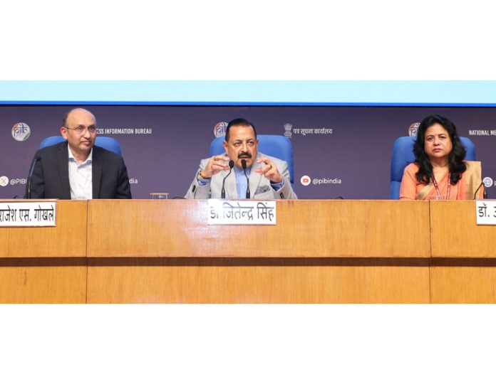 Union Minister Dr Jitendra Singh addressing the media  after launching “Kisan Kavach” at  National Media Centre, New Delhi on Tuesday.