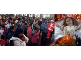 People offering prayers at St Mary's Garrison Church in Gandhi Nagar during Christmas celebration on Wednesday. —Excelsior/Rakesh