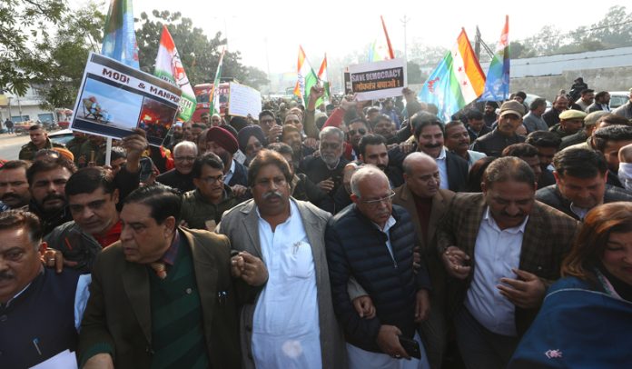 Cong leaders and workers led by PCC chief TH Karra staging protest in Jammu. -Excelsior/Rakesh