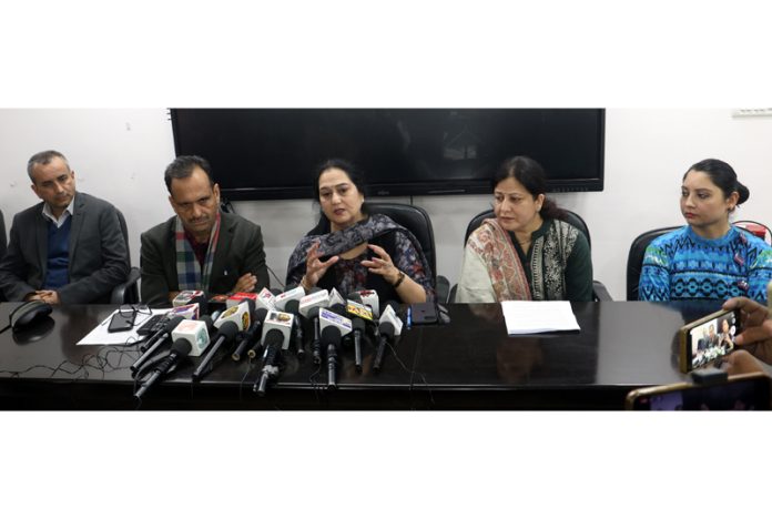 Prof Prakash C Antahal and Prof Meena Sharma addressing media persons at University of Jammu on Monday. — Excelsior Rakesh